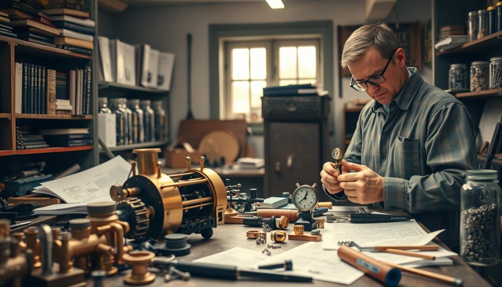 A cozy miniature train construction workshop, filled with detailed tools and materials. In the foreground, a workbench is cluttered with brass fittings, a partially constructed steam engine boiler, and technical drawings scattered about. A skilled artisan in a professional outfit carefully inspects a vintage pressure gauge. The middle section features shelves lined with books on boiler design and safety principles, alongside jars filled with small screws and components. The background reveals a serene window allowing soft, warm natural light to illuminate the workspace, casting gentle shadows. The atmosphere is focused and industrious, evoking a sense of craftsmanship and the delicate art of steam engine construction. Capture the scene with a slight angle to emphasize depth, using soft focus on the background for a professional look. A cozy miniature train construction workshop, filled with detailed tools and materials. In the foreground, a workbench is cluttered with brass fittings, a partially constructed steam engine boiler, and technical drawings scattered about. A skilled artisan in a professional outfit carefully inspects a vintage pressure gauge. The middle section features shelves lined with books on boiler design and safety principles, alongside jars filled with small screws and components. The background reveals a serene window allowing soft, warm natural light to illuminate the workspace, casting gentle shadows. The atmosphere is focused and industrious, evoking a sense of craftsmanship and the delicate art of steam engine construction. Capture the scene with a slight angle to emphasize depth, using soft focus on the background for a professional look.