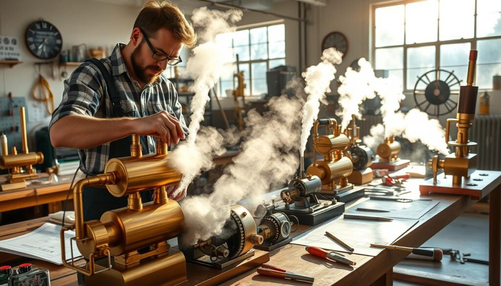 A detailed DIY solar steam generator workshop scene, showcasing a variety of vibrant steam engines in action. In the foreground, a skillful engineer, dressed in tidy casual work attire, intently adjusts the components of a shiny brass steam engine, with its steaming pipes emanating clouds of water vapor. The middle ground features a table cluttered with tools, metal sheets, and schematics of steam-powered designs. In the background, sunlight filters through large windows, casting warm, natural light that reflects off the polished surfaces. An atmosphere of innovation and creativity fills the air, highlighting the intersection of renewable energy and engineering passion, with a soft focus on the intricacies of each steam engine.