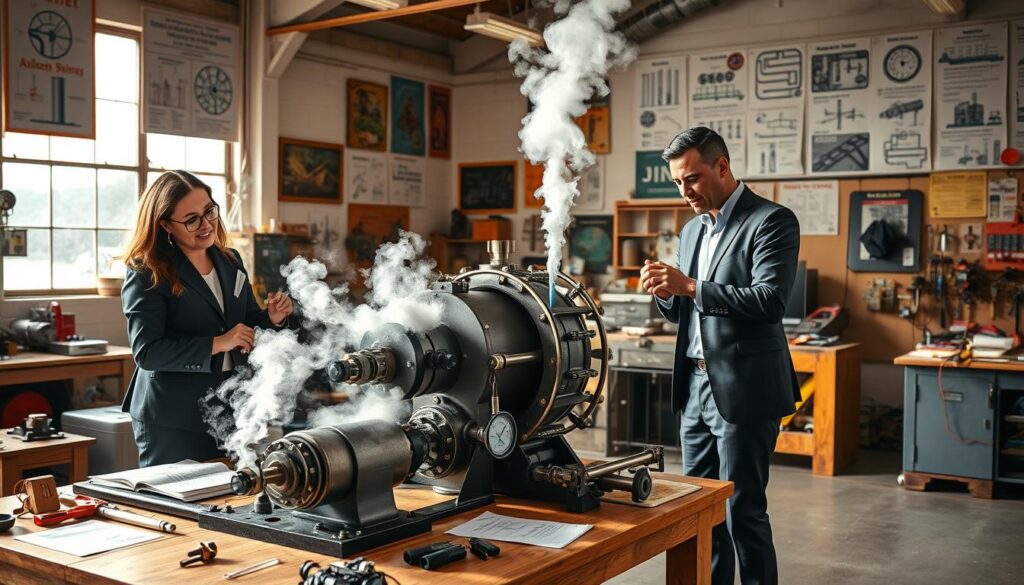A detailed and vibrant depiction of hands-on STEM activities, showcasing a steam hammer project in action. In the foreground, a diverse group of three individuals, dressed in professional business attire, are collaborating over a large wooden workbench filled with tools, blueprints, and steam-powered components. One person is adjusting a valve on the steam hammer, while another is taking notes, and the third is demonstrating a setup process. In the middle ground, the steam hammer looms large, with intricate pipes and gauges visibly releasing steam, highlighting the engineering marvel of industrial applications. The background features a well-lit workshop filled with various machinery and engineering posters, emphasizing a creative and energetic atmosphere. Soft, natural lighting cascades through large windows, casting gentle shadows that evoke a sense of innovation and teamwork.