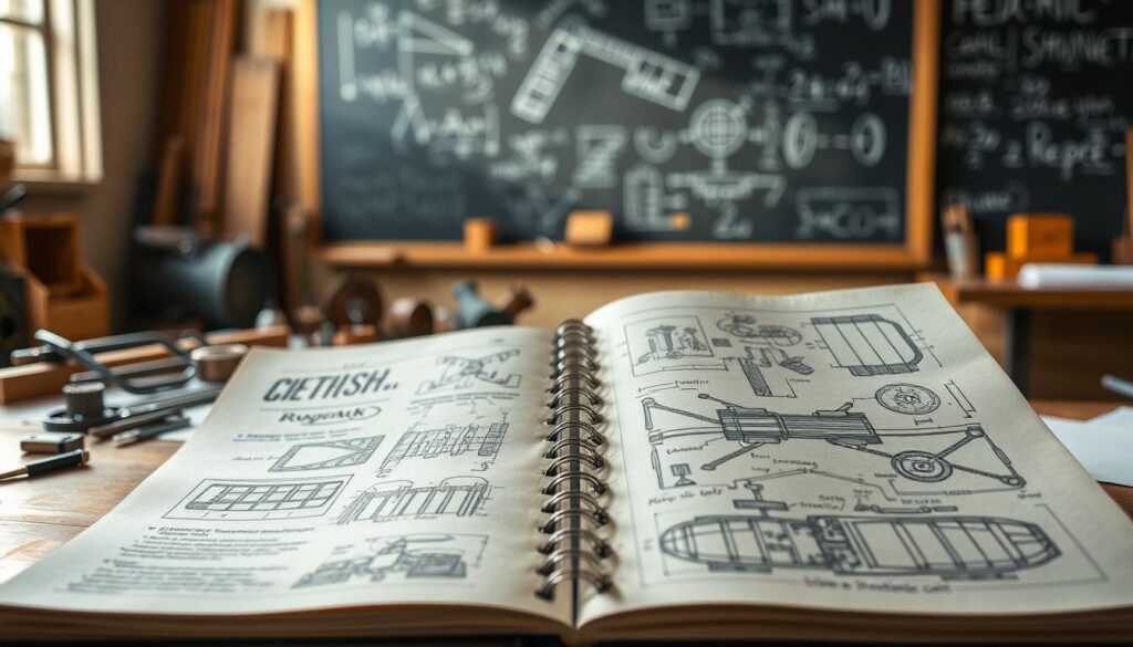 A detailed engineering notebook showcasing the design process for a mini steam car challenge, lying open on a wooden workbench. In the foreground, intricate sketches of the steam car's structure, components, and blueprints are visible, highlighted by a warm, soft light that enhances the textures of the paper. In the middle ground, various small tools and materials, like gears and pipes, are arranged neatly, emphasizing the workshop environment. The background features a blurred image of a chalkboard filled with engineering equations and diagrams, suggesting a creative and educational atmosphere. The scene is illuminated by natural light streaming through a nearby window, creating a calm and focused mood, suitable for engineering and design work. No people are present to maintain focus on the engineering process.