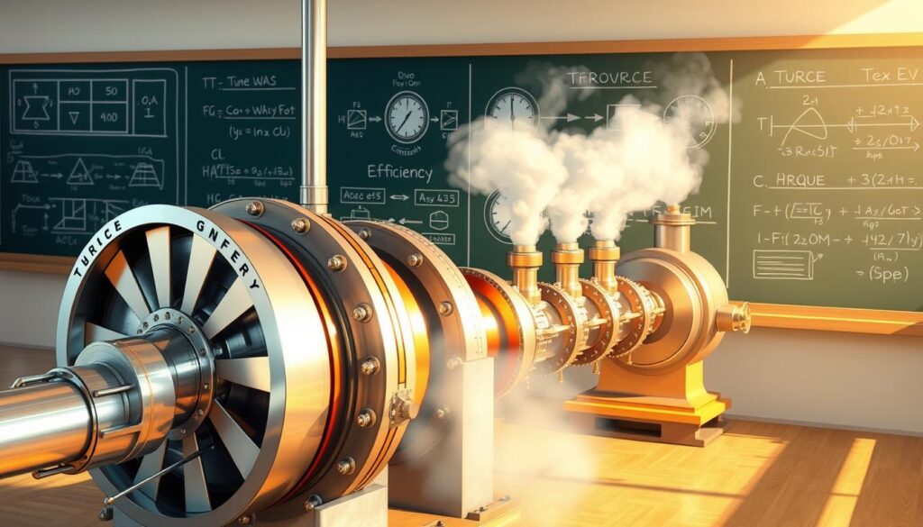 A detailed illustration of a steam turbine showcasing the process of energy conversion in a classroom setting. In the foreground, a large, intricately designed steam turbine with clearly visible components such as blades and a rotor, gleaming in silver and copper tones. In the middle, a series of pipes emanating steam, depicting its journey from heated water to the turbine, with gauges showing pressure levels. The background features technical diagrams on blackboards, emphasizing torque and efficiency concepts with mathematical formulas. Bright, natural lighting illuminates the scene, casting soft shadows to create depth. A clear, focused perspective captures the complexity and educational aspect, evoking a sense of discovery and innovation. The atmosphere is one of engaged learning and mechanical wonder.