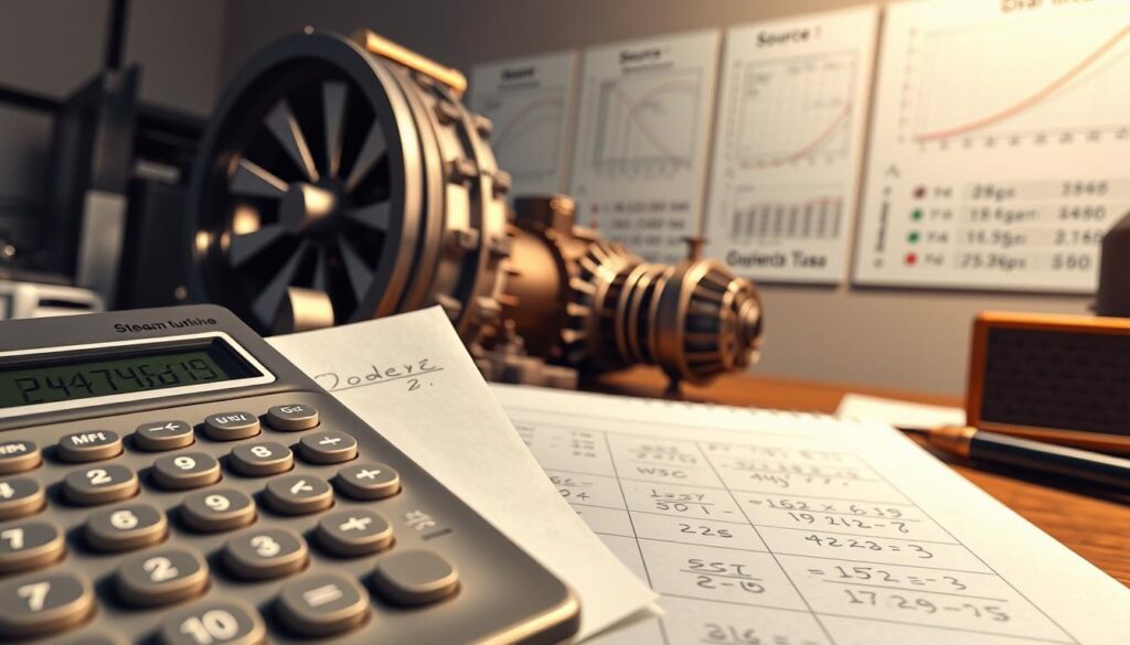 A detailed illustration of energy conversion calculations for a steam turbine, featuring a digital workspace setup. In the foreground, a calculator and notepad with meticulous calculations, including formulas for power, efficiency, and energy loss using symbols and diagrams. The middle ground contains a partially visible steam turbine model, showcasing its rotating blades. In the background, technical charts and graphs on the wall depict efficiency curves and sources of loss in clean, organized layouts. Soft, directed lighting highlights the calculator and turbine, creating a focused workspace atmosphere. The image is captured with a slight tilt to emphasize depth, evoking a sense of exploration and innovation in energy engineering.