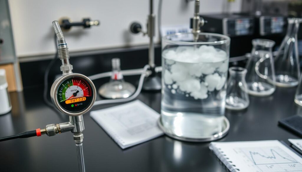 A detailed laboratory setup illustrating the relationship between pressure and temperature using sensors. In the foreground, a precision pressure sensor and a digital thermometer connected with clear tubing, displaying vivid gauges reflecting measurements. The middle ground features a glass pressure chamber with steam, connected to a gas source, with bubbling water indicating boiling. The background shows lab equipment on a black countertop, including a Bunsen burner, glass beakers, and notepads with graphs. Soft, focused lighting highlighting the glassware creates a clear, educational atmosphere, while a slight depth of field emphasizes the laboratory instruments. The scene conveys an engaging, informative mood, perfect for illustrating a scientific experiment in thermodynamics. A detailed laboratory setup illustrating the relationship between pressure and temperature using sensors. In the foreground, a precision pressure sensor and a digital thermometer connected with clear tubing, displaying vivid gauges reflecting measurements. The middle ground features a glass pressure chamber with steam, connected to a gas source, with bubbling water indicating boiling. The background shows lab equipment on a black countertop, including a Bunsen burner, glass beakers, and notepads with graphs. Soft, focused lighting highlighting the glassware creates a clear, educational atmosphere, while a slight depth of field emphasizes the laboratory instruments. The scene conveys an engaging, informative mood, perfect for illustrating a scientific experiment in thermodynamics.