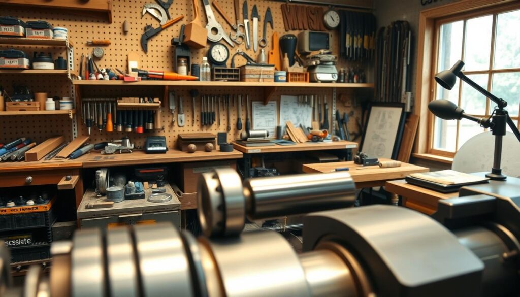 A detailed miniature train workshop with a focus on cylinder construction. In the foreground, a precision lathe is actively machining a metal cylinder, surrounded by an array of small tools and measuring instruments like calipers and gauges. The middle ground includes shelves stocked with components, various gauges, and blueprints, while a workbench with a magnifying lamp highlights the meticulous nature of the work. The background features a workshop wall adorned with tools and a large window allowing soft, natural light to illuminate the scene. The atmosphere is focused and industrious, suggesting craftsmanship and precision, with a slight sheen on the metal surfaces from recent machining. The image is captured from a slightly elevated angle, creating depth and immersing the viewer in the workshop environment. A detailed miniature train workshop with a focus on cylinder construction. In the foreground, a precision lathe is actively machining a metal cylinder, surrounded by an array of small tools and measuring instruments like calipers and gauges. The middle ground includes shelves stocked with components, various gauges, and blueprints, while a workbench with a magnifying lamp highlights the meticulous nature of the work. The background features a workshop wall adorned with tools and a large window allowing soft, natural light to illuminate the scene. The atmosphere is focused and industrious, suggesting craftsmanship and precision, with a slight sheen on the metal surfaces from recent machining. The image is captured from a slightly elevated angle, creating depth and immersing the viewer in the workshop environment.