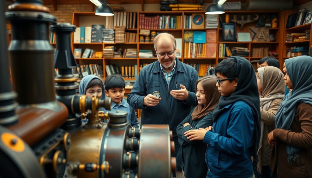 A detailed view of a bustling steam engine workshop, focusing on interactive activities for young engineers. In the foreground, a group of diverse children, dressed in safety goggles and professional, modest clothing, engage with a large model steam engine, inspecting the boiler and explaining safety valves. In the middle ground, a knowledgeable instructor demonstrates how to check boiler pressure with a pressure gauge, surrounded by tools and educational materials. The background features shelves lined with engineering books and steam-related artifacts. Warm, ambient lighting creates an inviting atmosphere, while a wide-angle lens captures the entire scene, emphasizing the excitement and creativity of the workshop. The mood is engaging and inspiring, fostering a sense of curiosity in young learners.
