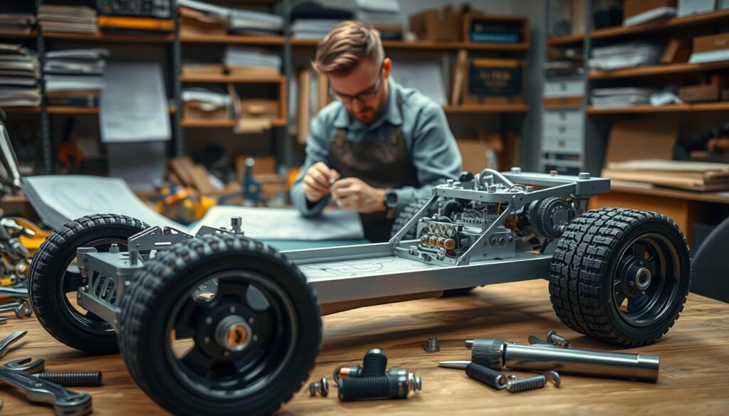 A detailed workshop scene showcasing the building of a mini steam car chassis and wheels. In the foreground, a wooden workbench is cluttered with tools like wrenches, screws, and a detailed blueprint of the chassis. The chassis itself, partially assembled, is made of lightweight aluminum with intricate joints and a polished finish. The wheels, larger than usual with rubber treads, sit nearby, emphasizing their functional design. In the middle, a focused individual in professional attire is seen measuring and adjusting parts with precision. The background features shelves lined with engineering books, diagrams, and additional parts. Soft, diffused lighting highlights the craftsmanship and creates an inviting, industrious atmosphere, inviting viewers into the world of mechanical engineering and creativity.