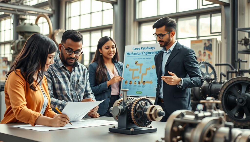 A diverse group of engineers in professional attire collaborates in a dynamic, modern workshop setting, surrounded by advanced steam-powered machinery and mechanical designs. In the foreground, a woman of Asian descent is sketching blueprints on a large table, while a Black male engineer inspects a steam engine component, his face reflecting concentration and enthusiasm. In the middle ground, a South Asian female engineer engages in a discussion with a Hispanic male engineer, pointing towards a colorful poster showcasing career pathways in mechanical engineering. The background features large windows allowing natural light to illuminate the workspace, creating a warm and inviting atmosphere. The scene is captured from a slightly elevated angle, emphasizing teamwork and innovation, with a soft, inspiring glow that highlights the passion for engineering. A diverse group of engineers in professional attire collaborates in a dynamic, modern workshop setting, surrounded by advanced steam-powered machinery and mechanical designs. In the foreground, a woman of Asian descent is sketching blueprints on a large table, while a Black male engineer inspects a steam engine component, his face reflecting concentration and enthusiasm. In the middle ground, a South Asian female engineer engages in a discussion with a Hispanic male engineer, pointing towards a colorful poster showcasing career pathways in mechanical engineering. The background features large windows allowing natural light to illuminate the workspace, creating a warm and inviting atmosphere. The scene is captured from a slightly elevated angle, emphasizing teamwork and innovation, with a soft, inspiring glow that highlights the passion for engineering.