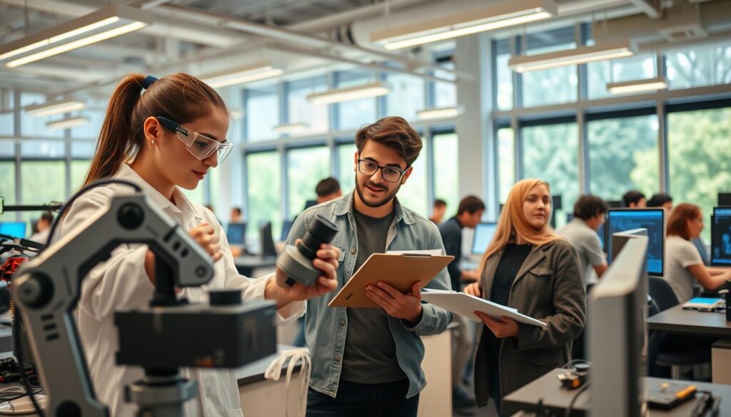 A diverse group of university engineering students engaged in collaborative lab activities inside a modern engineering lab. In the foreground, a female student wearing safety goggles and a lab coat is adjusting a robotic arm, while another student closely observes, taking notes on a clipboard. The middle ground features various high-tech equipment such as 3D printers, circuit boards, and computers displaying engineering simulations, bathed in warm overhead lighting. The background showcases floor-to-ceiling windows with a view of the campus greenery, creating an inviting and vibrant atmosphere. The overall mood conveys innovation and teamwork, highlighting the hands-on experience that engineering students gain in their labs, with an emphasis on professional attire and focused expressions.