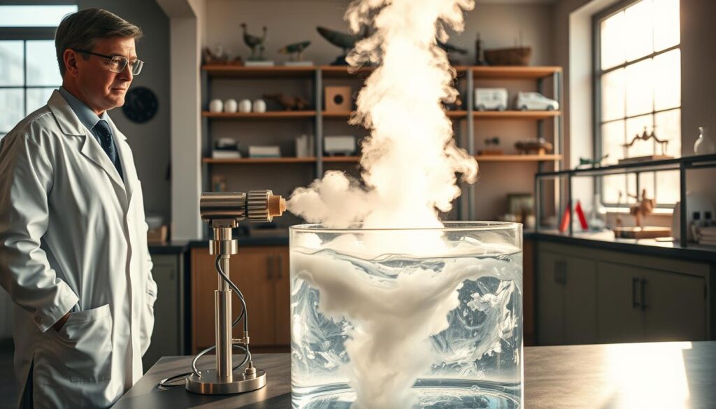 A dynamic science lab scene showcasing a steam jet thrust demonstration in action. In the foreground, a well-dressed instructor in a lab coat observes as a powerful jet of steam erupts from a metallic nozzle, creating high-velocity thrust. The middle ground features a transparent tank filled with swirling water, illuminated by natural light streaming from a nearby window, highlighting the intricate heat transfer process. In the background, shelves filled with thermodynamics equipment and scientific models add depth to the scene. The overall atmosphere is one of excitement and discovery, emphasizing the experimental aspect of learning. The image should be captured with a wide-angle lens to enhance the dramatic effect of the steam jet action, with soft shadows to create a realistic lab ambiance. A dynamic science lab scene showcasing a steam jet thrust demonstration in action. In the foreground, a well-dressed instructor in a lab coat observes as a powerful jet of steam erupts from a metallic nozzle, creating high-velocity thrust. The middle ground features a transparent tank filled with swirling water, illuminated by natural light streaming from a nearby window, highlighting the intricate heat transfer process. In the background, shelves filled with thermodynamics equipment and scientific models add depth to the scene. The overall atmosphere is one of excitement and discovery, emphasizing the experimental aspect of learning. The image should be captured with a wide-angle lens to enhance the dramatic effect of the steam jet action, with soft shadows to create a realistic lab ambiance.