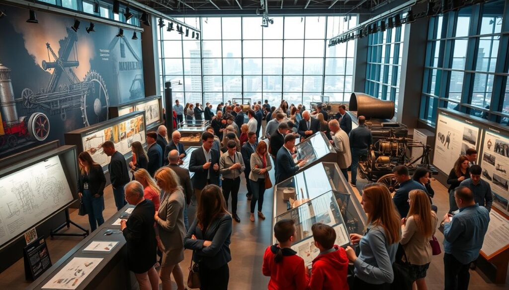 A vibrant, bustling museum space dedicated to steam power exhibits, showcasing various primary sources from the era. In the foreground, a diverse group of visitors, including adults and children, examine vintage steam engine components and detailed diagrams, all dressed in professional business attire or modest casual clothing. The middle ground features interactive displays and informational panels, illuminated by soft, warm lighting that enhances the atmosphere of discovery and learning. In the background, large windows bathe the scene in natural light, revealing a cityscape that hints at technological advancement. The overall mood is one of curiosity and engagement, capturing the essence of historical exploration in a modern context.