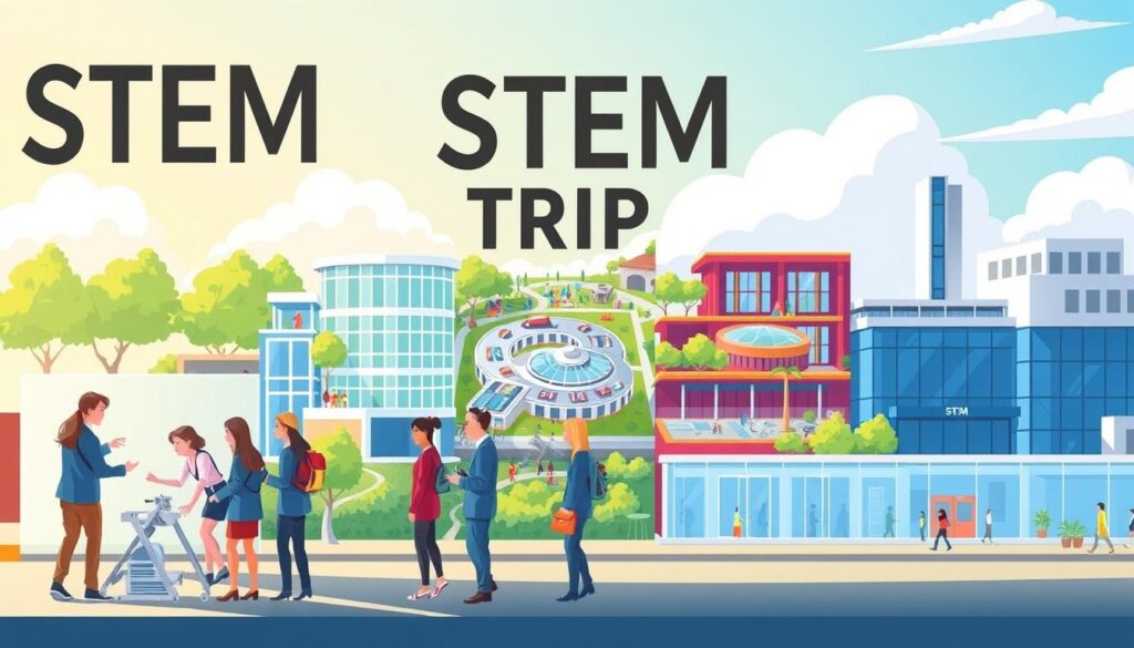 A vibrant illustration portraying diverse STEM field trip locations that are engaging and educational. In the foreground, a group of students in professional business attire enthusiastically interacts with a hands-on STEM exhibit, showcasing robotics and engineering principles. The middle ground features a variety of STEM destinations side by side, such as a bustling science museum, an expansive outdoor engineering park with interactive installations, and a high-tech laboratory. The background displays a bright sky, indicating a clear day, with lush green spaces and modern architecture to enhance the scene. The lighting is warm and inviting, highlighting the excitement and discovery inherent in STEM learning. The overall atmosphere is dynamic and inspiring, evoking curiosity about technology and engineering.