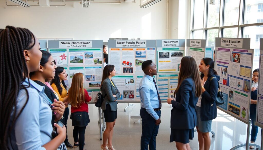 A vibrant maker education gallery walk exhibit featuring colorful student posters on steam power and engineering principles. In the foreground, diverse students in professional business attire engage with the displays, discussing their projects animatedly. The middle section showcases numerous posters, each detailing a different aspect of steam technology, intricately designed with diagrams, photographs, and student illustrations. The background consists of a bright, well-lit classroom environment with natural light streaming through large windows, highlighting the creativity and effort put into the exhibits. The atmosphere is one of collaboration and excitement, emphasizing innovation and learning. Capture this scene with a slight overhead angle to showcase the entire layout, adding a sense of engagement and inquiry among the students.