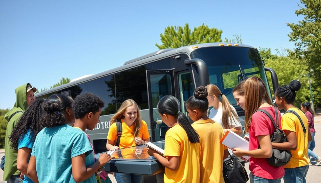 A vibrant scene capturing a diverse group of students enthusiastically engaging in STEAM activities around a charter bus. In the foreground, students of varying ages, wearing bright, modest casual clothing, are gathered around a large, interactive science display, exchanging ideas and collaborating with visible tools like notebooks and tablets. In the middle ground, a sleek charter bus is parked, with its doors open, inviting students to participate in the upcoming field trip. The background features a sunny day, with clear blue skies and lush greenery, creating an atmosphere of excitement and collaboration. Soft, natural lighting enhances the cheerful mood, and the image is taken from a slightly elevated angle to provide a comprehensive view of the activities. The composition is lively and focused on teamwork and learning.