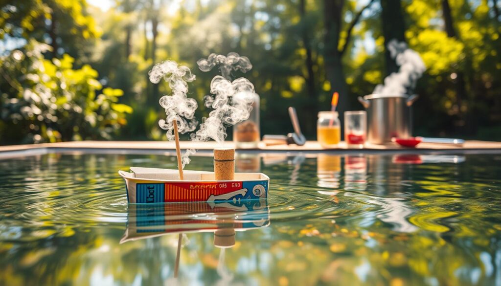 A vibrant scene showcasing a steam-powered pop-pop boat experiment. In the foreground, a small, colorful DIY pop-pop boat made from a metal soda can and a cork, with tiny steam vents visible, gently floating on a clear outdoor pond. In the middle ground, a table with household items used in the experiment—such as a pot of boiling water, a small flame, and measuring tools—arranged neatly. The background features lush greenery and warm sunlight filtering through the trees, casting dappled light on the scene. The overall atmosphere conveys a sense of wonder and playful discovery, perfect for an educational setting, with soft, natural lighting to enhance the cheerful mood. The image should focus on the details of the boat and the experiment setup, avoiding any clutter or distractions.