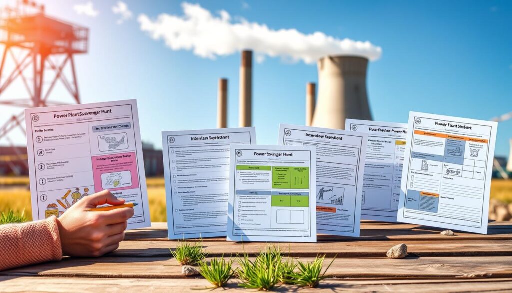 A visually engaging composition of "power plant scavenger hunt student worksheets" displayed on a wooden table outdoors, with a background of a modern power plant and blue sky. The worksheets are colorful, featuring illustrations, checklists, and interview questions, designed for students aged 10-15. In the foreground, a pair of hands, wearing modest casual clothing, can be seen holding a pencil, ready to mark off completed tasks. The middle ground emphasizes the detailed worksheets, surrounded by a few nature elements, like grass and small rocks. The background showcases the towering structures of the power plant, bathed in soft, natural daylight to convey a sense of exploration and learning. The overall mood is energetic and educational, inviting curiosity and engagement. A visually engaging composition of "power plant scavenger hunt student worksheets" displayed on a wooden table outdoors, with a background of a modern power plant and blue sky. The worksheets are colorful, featuring illustrations, checklists, and interview questions, designed for students aged 10-15. In the foreground, a pair of hands, wearing modest casual clothing, can be seen holding a pencil, ready to mark off completed tasks. The middle ground emphasizes the detailed worksheets, surrounded by a few nature elements, like grass and small rocks. The background showcases the towering structures of the power plant, bathed in soft, natural daylight to convey a sense of exploration and learning. The overall mood is energetic and educational, inviting curiosity and engagement.