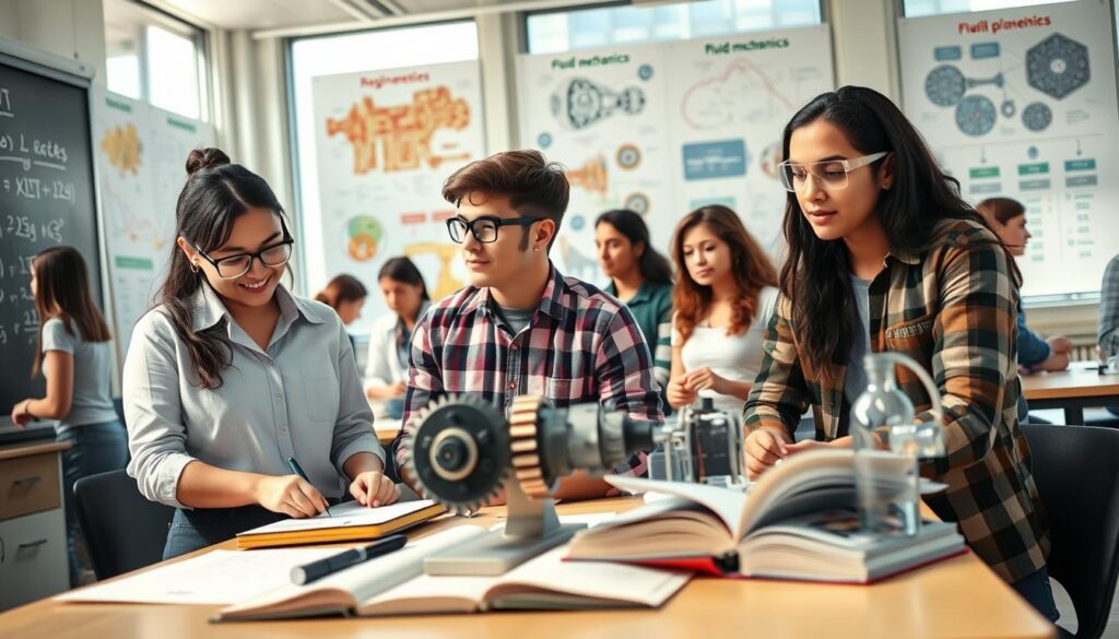 A well-lit engineering classroom filled with diverse young students engaged in collaborative learning. In the foreground, a focused female student in business casual attire, working on complex equations on a chalkboard, symbolizing vital math skills. Beside her, a male student with safety goggles examines a mechanical gear model, representing hands-on engineering principles. In the middle ground, a table with scientific instruments and textbooks lays open, highlighting essential science knowledge. The background features large windows with sunlight streaming in, illuminating educational posters depicting engineering concepts such as thermodynamics and fluid mechanics. The atmosphere is one of excitement and innovation, showcasing a space where young innovators prepare for careers in mechanical engineering. The composition is bright and inviting, captured in a slight bird's-eye view for a dynamic perspective. A well-lit engineering classroom filled with diverse young students engaged in collaborative learning. In the foreground, a focused female student in business casual attire, working on complex equations on a chalkboard, symbolizing vital math skills. Beside her, a male student with safety goggles examines a mechanical gear model, representing hands-on engineering principles. In the middle ground, a table with scientific instruments and textbooks lays open, highlighting essential science knowledge. The background features large windows with sunlight streaming in, illuminating educational posters depicting engineering concepts such as thermodynamics and fluid mechanics. The atmosphere is one of excitement and innovation, showcasing a space where young innovators prepare for careers in mechanical engineering. The composition is bright and inviting, captured in a slight bird's-eye view for a dynamic perspective.