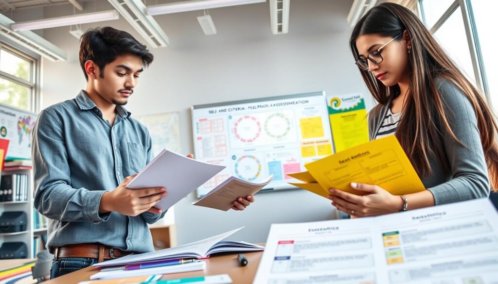 A bright, modern classroom setting serves as the backdrop, filled with various educational tools and materials. In the foreground, two students are engaged in a collaborative assessment activity, surrounded by colorful rubrics and charts illustrating self and peer assessment protocols. One student, dressed in professional casual attire, thoughtfully reviews a peer’s work, while the other takes notes, showing a focused expression. The middle ground features a whiteboard filled with diagrammatic representations of evaluation criteria and feedback loops. Soft natural light pours in through large windows, creating a warm and inspiring atmosphere. The image is captured with a wide-angle lens, emphasizing the dynamic interaction between the students and their assessment tools, embodying a sense of engagement and collaboration in the learning process. A bright, modern classroom setting serves as the backdrop, filled with various educational tools and materials. In the foreground, two students are engaged in a collaborative assessment activity, surrounded by colorful rubrics and charts illustrating self and peer assessment protocols. One student, dressed in professional casual attire, thoughtfully reviews a peer’s work, while the other takes notes, showing a focused expression. The middle ground features a whiteboard filled with diagrammatic representations of evaluation criteria and feedback loops. Soft natural light pours in through large windows, creating a warm and inspiring atmosphere. The image is captured with a wide-angle lens, emphasizing the dynamic interaction between the students and their assessment tools, embodying a sense of engagement and collaboration in the learning process.