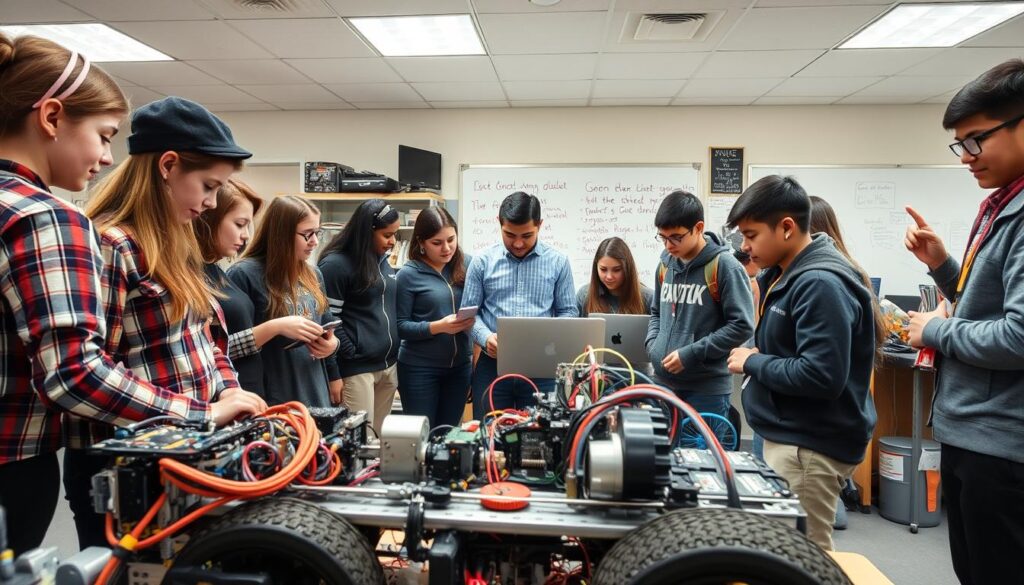 A bustling robotics competition preparation scene set in a well-lit school workshop. In the foreground, a diverse group of high school students, dressed in professional casual attire, are collaborating on a detailed robot design, surrounded by tools and components like gears, wires, and circuit boards. In the middle, a mentor is guiding a pair of students on programming laptops, with a whiteboard filled with sketches and notes in the background. The mood is focused and energetic, reflecting anticipation for the competition. Bright overhead lights illuminate the workspace, capturing the dynamic exchange of ideas and teamwork. The camera angle is slightly elevated, showcasing both the intensity of collaboration and the organized chaos of preparation, emphasizing a positive atmosphere filled with creativity and innovation.