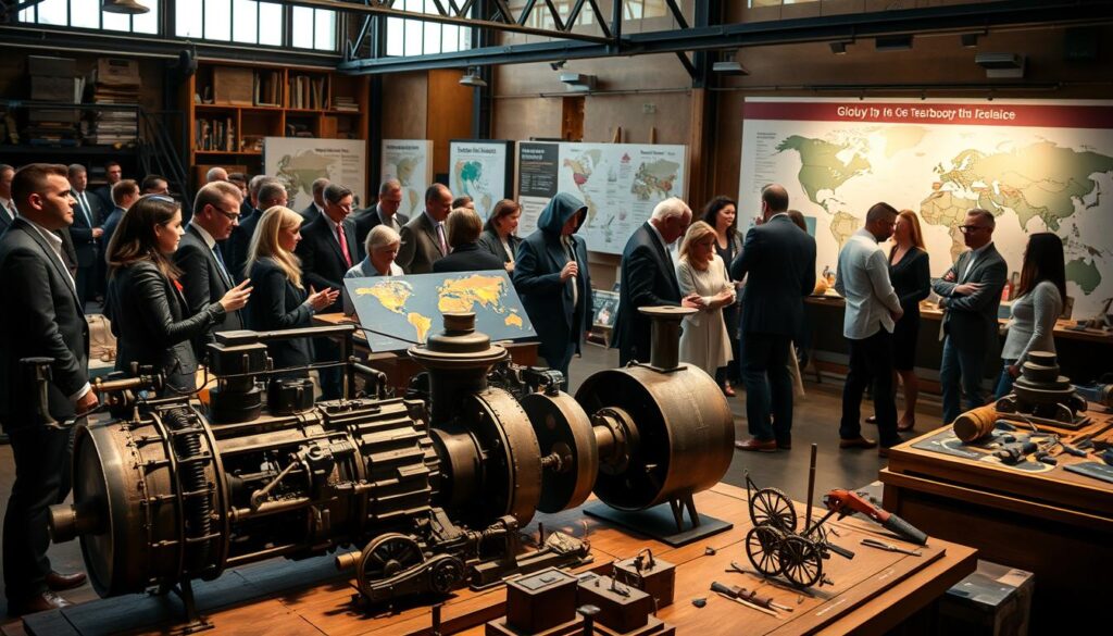 A bustling workshop setting dedicated to the history of steam technology, featuring a diverse group of individuals dressed in professional attire, engaged in hands-on activities. In the foreground, a detailed steam engine model intricately illustrates mechanics, surrounded by tools and historical artifacts. The middle ground showcases large diagrams and interactive displays portraying the global impact of steam technology, highlighting different countries. The background reveals large windows allowing warm, natural light to flood the space, enhancing the atmosphere of exploration and discovery. Soft shadows add depth, while a slight blur gives focus to the individuals actively discussing and collaborating around the exhibits. The overall mood is one of enthusiasm and curiosity, inviting viewers to immerse in the rich history and significance of steam technology.