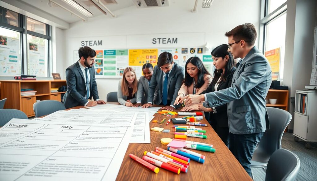 A detailed and organized steam project rubric template set in a modern, well-lit classroom environment. In the foreground, large sheets of paper display clear rubric categories like "Concepts," "Process," "Safety," and "Creativity," arranged neatly on a wooden table strewn with colorful stationery, such as markers and sticky notes. The middle ground features a diverse group of students, dressed in professional business attire, collaborating on a steam project, enthusiastically pointing at and discussing the rubric. In the background, large windows allow natural light to illuminate various educational posters related to technology and safety, creating a vibrant and focused atmosphere. The overall mood is energetic and collaborative, capturing the essence of teamwork in steam projects. The camera angle is slightly elevated, giving a comprehensive view of the workspace and interactions. A detailed and organized steam project rubric template set in a modern, well-lit classroom environment. In the foreground, large sheets of paper display clear rubric categories like "Concepts," "Process," "Safety," and "Creativity," arranged neatly on a wooden table strewn with colorful stationery, such as markers and sticky notes. The middle ground features a diverse group of students, dressed in professional business attire, collaborating on a steam project, enthusiastically pointing at and discussing the rubric. In the background, large windows allow natural light to illuminate various educational posters related to technology and safety, creating a vibrant and focused atmosphere. The overall mood is energetic and collaborative, capturing the essence of teamwork in steam projects. The camera angle is slightly elevated, giving a comprehensive view of the workspace and interactions.
