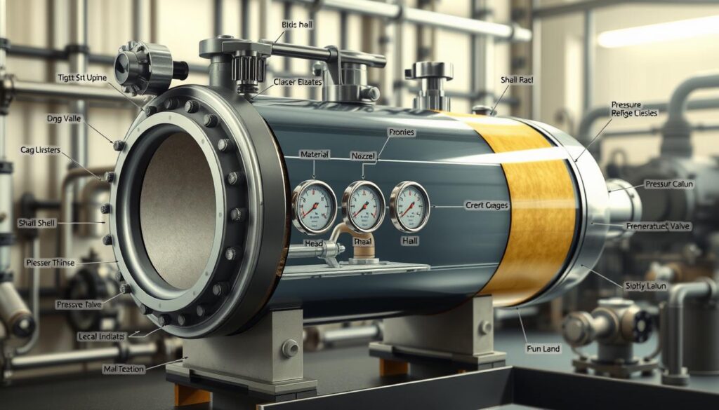 A detailed diagram of a pressure vessel with labeled components like the shell, head, nozzles, and supports. The foreground features a cross-section of the pressure vessel, illustrating the internal pressure, material thickness, and insulation. In the middle, include clear indicators for temperature and pressure gauges, showcasing safety measures like pressure relief valves. The background should depict a faint industrial environment with pipes and valves to emphasize functionality. Use bright, focused lighting to highlight the vessel's features, with a slightly angled perspective to give depth. The overall mood should be informative and professional, conveying the importance of safety and understanding in engineering contexts. A detailed diagram of a pressure vessel with labeled components like the shell, head, nozzles, and supports. The foreground features a cross-section of the pressure vessel, illustrating the internal pressure, material thickness, and insulation. In the middle, include clear indicators for temperature and pressure gauges, showcasing safety measures like pressure relief valves. The background should depict a faint industrial environment with pipes and valves to emphasize functionality. Use bright, focused lighting to highlight the vessel's features, with a slightly angled perspective to give depth. The overall mood should be informative and professional, conveying the importance of safety and understanding in engineering contexts.