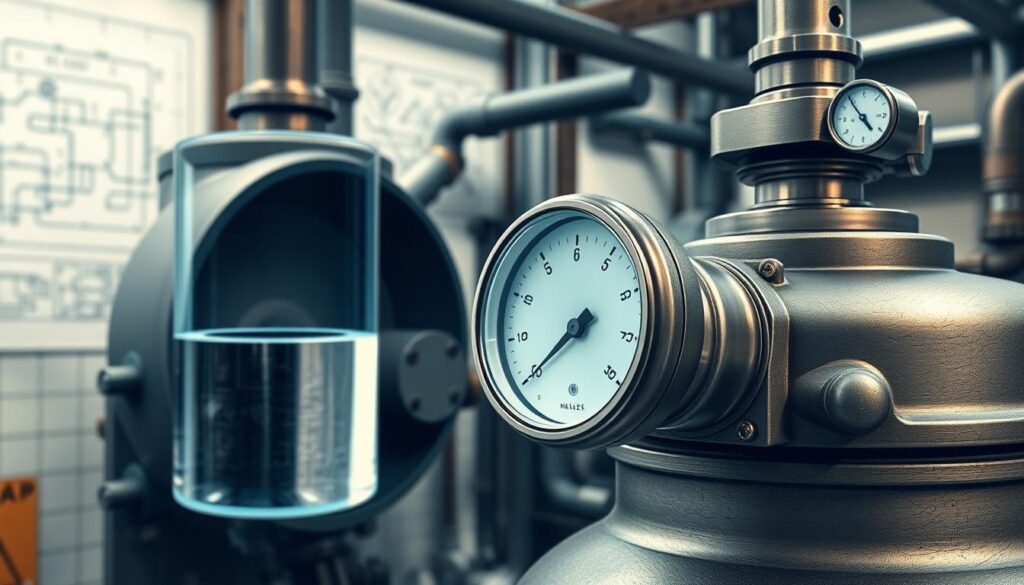 A detailed illustration of a boiler water level sight glass integrated into a pressure vessel. In the foreground, a transparent sight glass shows the water level, highlighting the clarity and precision of the gauge. Nearby, a metallic pressure vessel with valves and gauges reflects industrial design, presenting a rugged texture. In the middle ground, soft, diffused lighting enhances the technical details, casting gentle shadows that create a sense of depth. The background features pipes and tubing characteristic of a steam system, with subtle blueprints or schematics faintly visible, emphasizing engineering principles. The atmosphere is professional and educational, conveying a sense of safety and technical reliability in a workshop setting. The angle is slightly elevated, providing a comprehensive view of the setup. A detailed illustration of a boiler water level sight glass integrated into a pressure vessel. In the foreground, a transparent sight glass shows the water level, highlighting the clarity and precision of the gauge. Nearby, a metallic pressure vessel with valves and gauges reflects industrial design, presenting a rugged texture. In the middle ground, soft, diffused lighting enhances the technical details, casting gentle shadows that create a sense of depth. The background features pipes and tubing characteristic of a steam system, with subtle blueprints or schematics faintly visible, emphasizing engineering principles. The atmosphere is professional and educational, conveying a sense of safety and technical reliability in a workshop setting. The angle is slightly elevated, providing a comprehensive view of the setup.