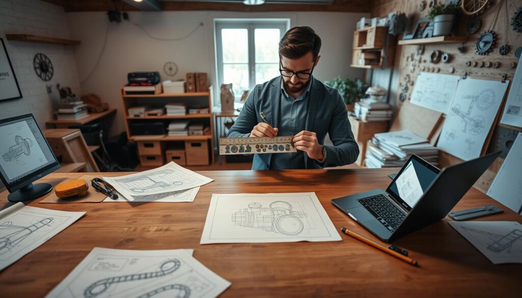 A detailed workspace showcasing a "Sketching, CAD, and Prototyping Workflow" with a focus on artistic design in steam-powered builds. In the foreground, a large wooden drafting table is cluttered with blueprints, sketchbooks filled with hand-drawn designs, and a laptop displaying CAD software. In the middle, a professional designer, dressed in smart casual attire, meticulously sketches a steampunk gadget concept with technical tools like rulers and compasses. In the background, shelves stacked with prototyping materials, gears, and sketches set the atmosphere of innovation. Soft ambient lighting enhances the warm wood tones, while a window lets in natural light, creating a creative, productive mood. The angle is slightly overhead, capturing the dynamic flow of the design process. A detailed workspace showcasing a "Sketching, CAD, and Prototyping Workflow" with a focus on artistic design in steam-powered builds. In the foreground, a large wooden drafting table is cluttered with blueprints, sketchbooks filled with hand-drawn designs, and a laptop displaying CAD software. In the middle, a professional designer, dressed in smart casual attire, meticulously sketches a steampunk gadget concept with technical tools like rulers and compasses. In the background, shelves stacked with prototyping materials, gears, and sketches set the atmosphere of innovation. Soft ambient lighting enhances the warm wood tones, while a window lets in natural light, creating a creative, productive mood. The angle is slightly overhead, capturing the dynamic flow of the design process.