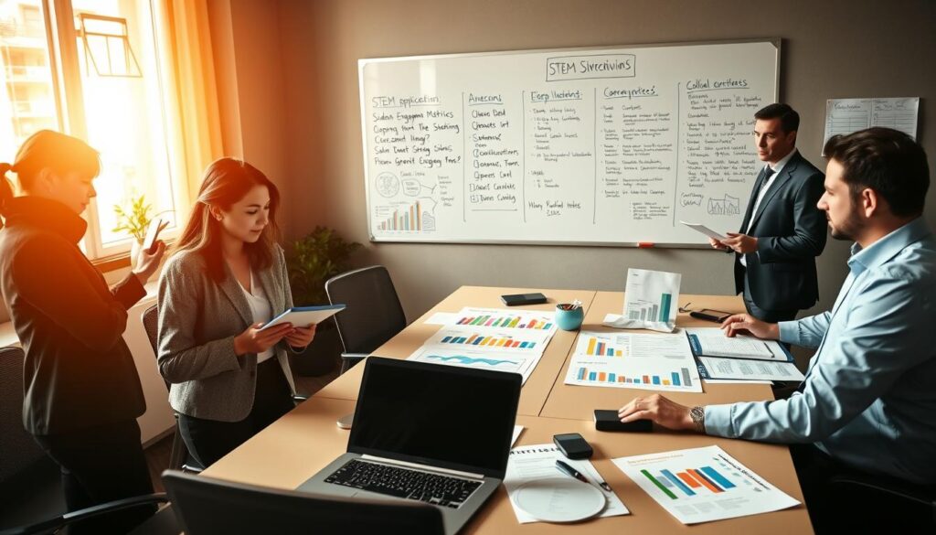 A dynamic office scene showcasing professionals engaged in evaluating a STEM program grant application. In the foreground, a diverse group of four individuals in business attire, including a woman examining data on a tablet and a man taking notes on a clipboard. In the middle, a large table filled with colorful charts and graphs representing student engagement metrics, alongside laptops and documents highlighting learning outcomes. The background features a wall-mounted whiteboard covered in brainstorming ideas and evaluation criteria, with a window letting in warm, natural light that creates a productive atmosphere. The image conveys a sense of collaboration and focus, with soft shadows and a slightly elevated angle to capture the details of the workspace ambiance. A dynamic office scene showcasing professionals engaged in evaluating a STEM program grant application. In the foreground, a diverse group of four individuals in business attire, including a woman examining data on a tablet and a man taking notes on a clipboard. In the middle, a large table filled with colorful charts and graphs representing student engagement metrics, alongside laptops and documents highlighting learning outcomes. The background features a wall-mounted whiteboard covered in brainstorming ideas and evaluation criteria, with a window letting in warm, natural light that creates a productive atmosphere. The image conveys a sense of collaboration and focus, with soft shadows and a slightly elevated angle to capture the details of the workspace ambiance.