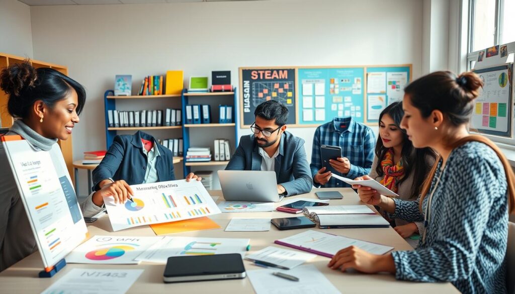A vibrant and educational scene depicting a diverse group of educators in a well-lit, modern classroom environment, engaged in a lively discussion around a large table filled with colorful charts, grant applications, and digital devices. In the foreground, a middle-aged Black woman in business attire highlights measurable learning objectives on a whiteboard. In the middle ground, a young Hispanic man reviews notes with a laptop, while a South Asian woman takes notes passionately. The background features shelves lined with educational resources and a bulletin board showcasing STEAM projects. The lighting is bright and inviting, with soft natural light filtering through large windows, creating a mood of inspiration and collaboration focused on funding opportunities in education. A vibrant and educational scene depicting a diverse group of educators in a well-lit, modern classroom environment, engaged in a lively discussion around a large table filled with colorful charts, grant applications, and digital devices. In the foreground, a middle-aged Black woman in business attire highlights measurable learning objectives on a whiteboard. In the middle ground, a young Hispanic man reviews notes with a laptop, while a South Asian woman takes notes passionately. The background features shelves lined with educational resources and a bulletin board showcasing STEAM projects. The lighting is bright and inviting, with soft natural light filtering through large windows, creating a mood of inspiration and collaboration focused on funding opportunities in education.