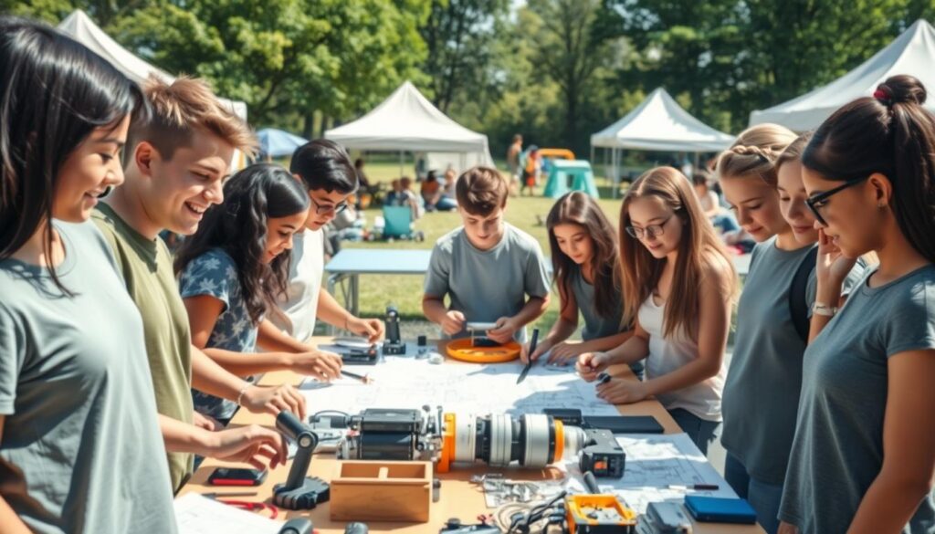 A vibrant and engaging scene showcasing a summer mechanical engineering camp for students. In the foreground, a diverse group of enthusiastic students, dressed in modest casual clothing, collaborate on a mechanical project, utilizing tools and equipment. In the middle ground, a well-organized workspace filled with engineering materials, blueprints, and prototype models, demonstrating hands-on learning. In the background, a sunny outdoor setting featuring tents and areas for recreational activities, suggesting a balanced schedule of learning and fun. The atmosphere is lively and inspirational, with soft sunlight illuminating the scene, casting gentle shadows. The composition should focus on a dynamic perspective, capturing the energy of innovation and teamwork in an educational environment. A vibrant and engaging scene showcasing a summer mechanical engineering camp for students. In the foreground, a diverse group of enthusiastic students, dressed in modest casual clothing, collaborate on a mechanical project, utilizing tools and equipment. In the middle ground, a well-organized workspace filled with engineering materials, blueprints, and prototype models, demonstrating hands-on learning. In the background, a sunny outdoor setting featuring tents and areas for recreational activities, suggesting a balanced schedule of learning and fun. The atmosphere is lively and inspirational, with soft sunlight illuminating the scene, casting gentle shadows. The composition should focus on a dynamic perspective, capturing the energy of innovation and teamwork in an educational environment.