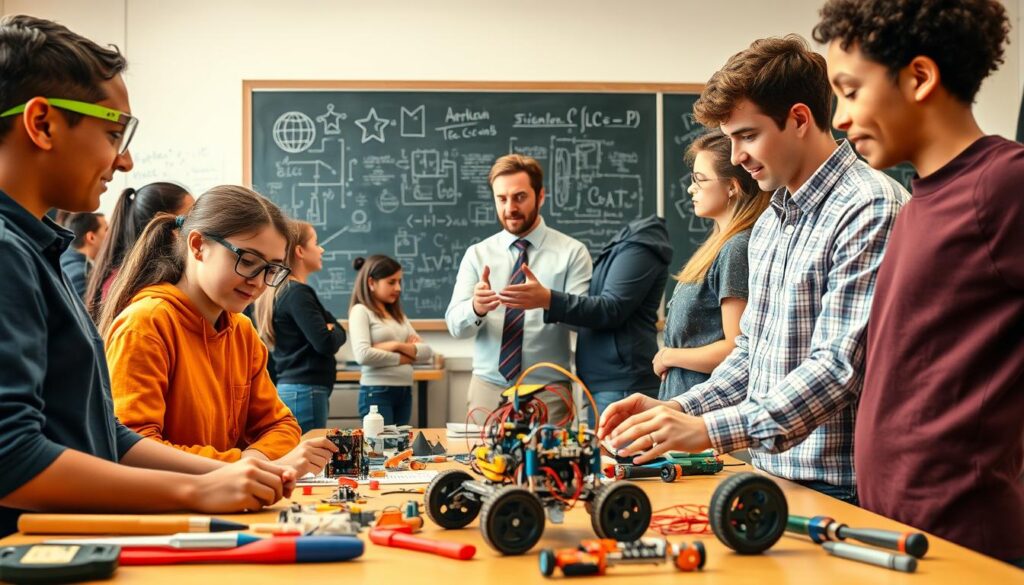 A vibrant workshop scene depicting hands-on engineering projects, showcasing a diverse group of students and professional engineers engaged in collaboration. In the foreground, two students in modest casual clothing, one wearing safety goggles, are assembling a small robotic device, surrounded by tools and components. The middle section features a professional engineer in business attire, enthusiastically explaining concepts to a small group of attentive students. In the background, a chalkboard filled with engineering diagrams and equations adds an educational touch. The lighting is bright and natural, emphasizing a warm, inviting atmosphere that inspires creativity and innovation. The camera angle is slightly elevated, providing a clear view of the interaction and project details without distraction. A vibrant workshop scene depicting hands-on engineering projects, showcasing a diverse group of students and professional engineers engaged in collaboration. In the foreground, two students in modest casual clothing, one wearing safety goggles, are assembling a small robotic device, surrounded by tools and components. The middle section features a professional engineer in business attire, enthusiastically explaining concepts to a small group of attentive students. In the background, a chalkboard filled with engineering diagrams and equations adds an educational touch. The lighting is bright and natural, emphasizing a warm, inviting atmosphere that inspires creativity and innovation. The camera angle is slightly elevated, providing a clear view of the interaction and project details without distraction.