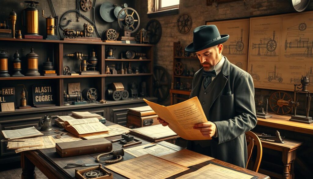A vintage workshop setting dedicated to steam technology history, featuring a rustic wooden table cluttered with historical documents, blueprints, and patents, highlighting the evolution of steam engines. In the foreground, a well-dressed historian, wearing a Victorian-inspired outfit, carefully examines a large manuscript under warm, soft lighting. In the middle ground, shelves filled with brass instruments, old steam engine models, and gears showcase the technological advancements of the era. The background reveals an aged wall adorned with large drawings of famous steam inventions, illuminated by natural light filtering through dusty windows, creating a nostalgic and scholarly atmosphere. The overall mood is one of curiosity and reverence for innovation.