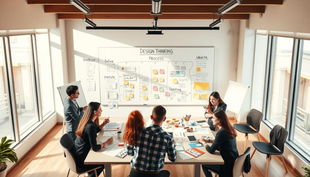 A visually engaging illustration of the design thinking process, set in a bright, modern classroom environment. In the foreground, a diverse group of students, dressed in professional business attire, is collaborating around a large table covered with sketches, prototypes, and design materials. The middle ground features a whiteboard filled with diagrams and sticky notes, showcasing stages like empathize, define, ideate, prototype, and test. In the background, soft natural light filters through large windows, illuminating the space and creating an inspiring atmosphere. The composition is shot from an overhead angle to capture the dynamic interaction among the students. The mood is collaborative and innovative, emphasizing teamwork and creativity in problem-solving. A visually engaging illustration of the design thinking process, set in a bright, modern classroom environment. In the foreground, a diverse group of students, dressed in professional business attire, is collaborating around a large table covered with sketches, prototypes, and design materials. The middle ground features a whiteboard filled with diagrams and sticky notes, showcasing stages like empathize, define, ideate, prototype, and test. In the background, soft natural light filters through large windows, illuminating the space and creating an inspiring atmosphere. The composition is shot from an overhead angle to capture the dynamic interaction among the students. The mood is collaborative and innovative, emphasizing teamwork and creativity in problem-solving.