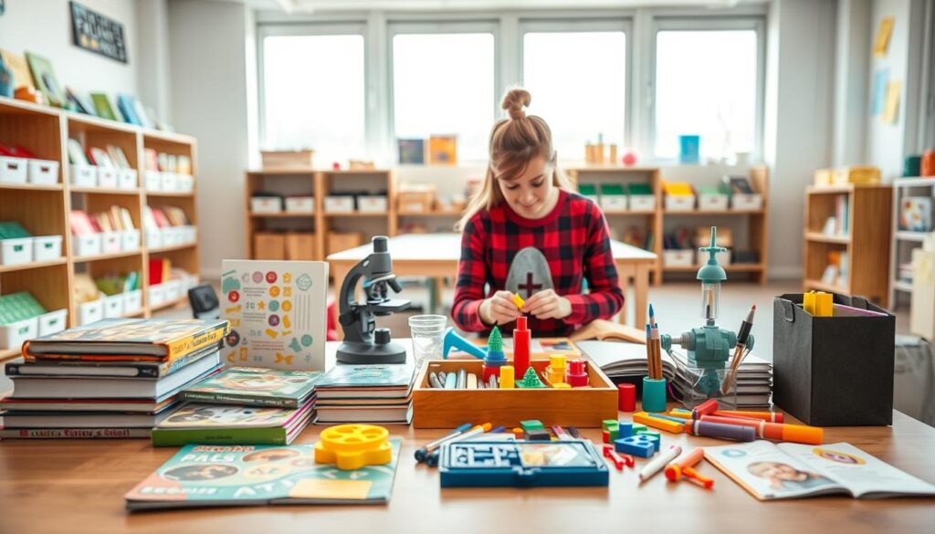 A well-organized and visually engaging educational STEAM kit set on a wooden table in a brightly lit classroom. In the foreground, colorful components such as books on science, technology, engineering, arts, and mathematics, along with hands-on tools like a microscope, building blocks, and art supplies. In the middle ground, an educator and a child, both dressed in casual, comfortable clothing, are engaged in a constructive activity, showcasing collaboration and exploration. In the background, shelves are lined with additional educational materials, and large windows let in natural light, creating a warm and inviting atmosphere. The overall mood is inspiring and focused on learning, with a slight sense of excitement as they assess the kit's effectiveness.