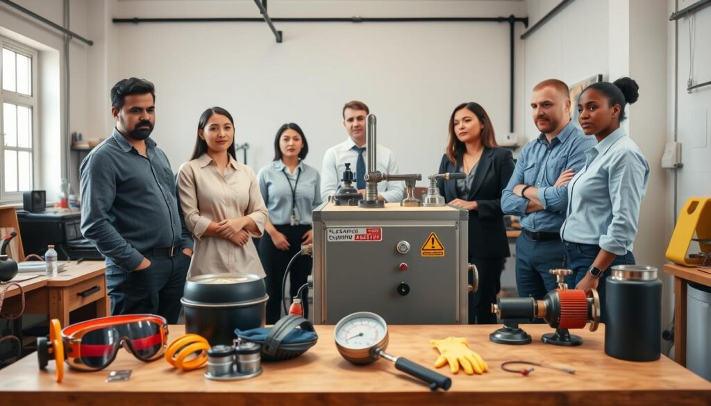 A well-organized steam-powered workshop showcasing a variety of safety equipment. In the foreground, include a sturdy workbench with commonly used tools like safety goggles, gloves, and a steam pressure gauge placed neatly. The middle ground features a compact, well-maintained steam boiler with visible pressure indicators, demonstrating proper usage guidelines. Incorporate a professional, ethnically diverse group of individuals dressed in business casual attire, discussing safety protocols, with focused expressions. The background highlights a bright, clean workshop environment with windows allowing natural light to illuminate the scene. Use soft lighting to create an atmosphere of attentiveness and diligence. Capture the image from a slightly elevated angle to encompass both the equipment and the engaged individuals effectively.