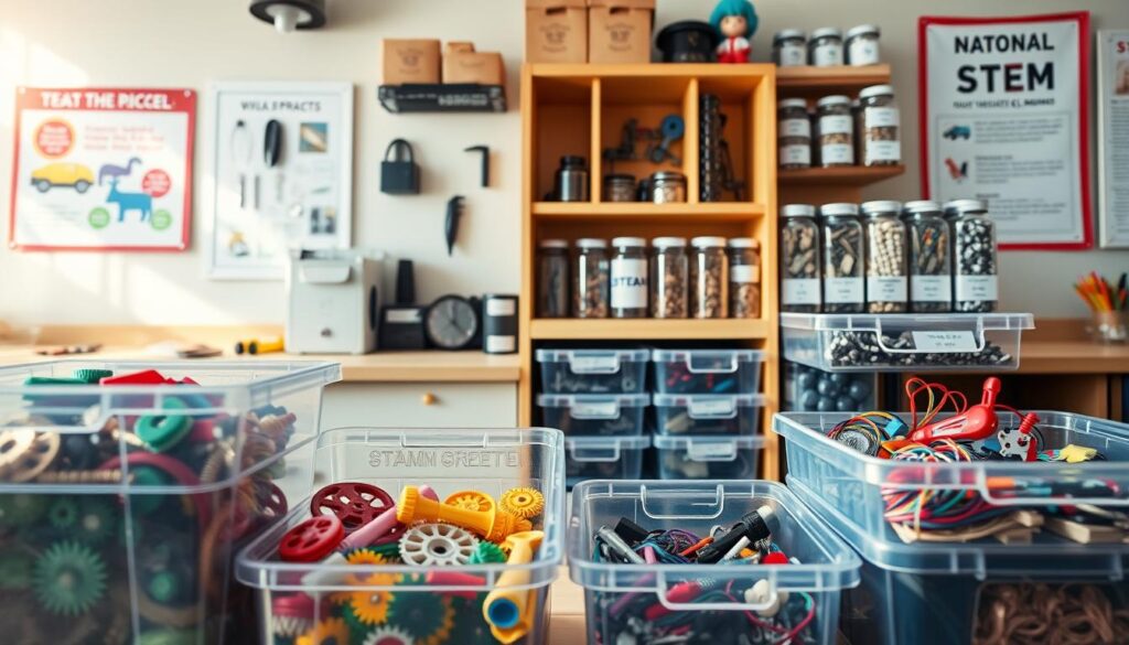 An organized DIY STEM kit storage area, showcasing a variety of storage solutions. In the foreground, clear plastic bins filled with colorful components like gears, wires, and tools. In the middle, a sturdy wooden shelf lined with labeled compartments and jars for screws, batteries, and small electronic parts. The background features a tidy workspace with a workbench, an instructional poster about STEAM projects, and soft, natural light streaming through a nearby window, creating a warm and inviting atmosphere. The composition emphasizes accessibility and organization, encouraging creativity in young learners. The scene is shot from a slight overhead angle, adding depth and clarity.
