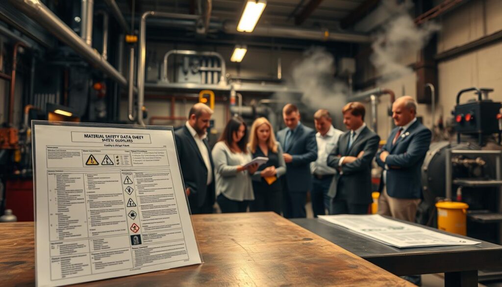 In a well-equipped steam workshop, focused on safety, a detailed Material Safety Data Sheet (MSDS) is prominently displayed on a workbench. In the foreground, the MSDS shines under a warm, diffused overhead light, showing clear, easy-to-read labels and symbols related to chemical hazards. The middle ground features a diverse group of individuals in professional business attire, attentively discussing the safety guidelines while examining the sheets. In the background, steam pipes and safety equipment emphasize the workshop atmosphere, with a slight haze created by the steam. The overall mood conveys a serious yet educational tone, highlighting the importance of safety in steam-powered environments. The camera angle captures the scene from a slight elevation, focusing on the interactions around the MSDS, ensuring clarity and engagement without any distractions.