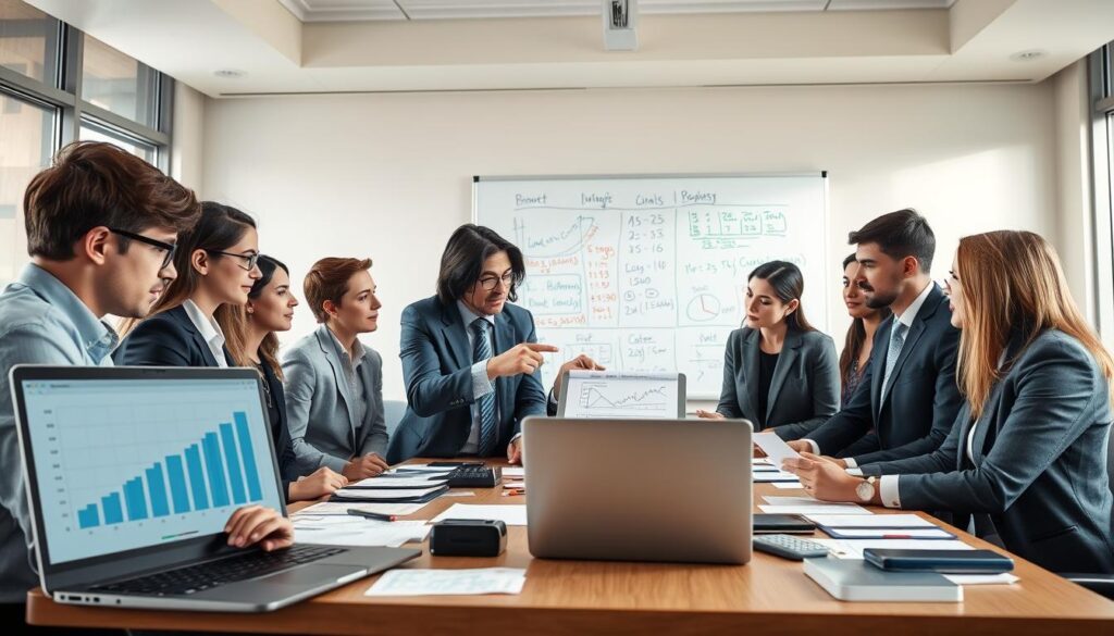 In a well-lit conference room, a diverse group of students in professional business attire are engaged in an intense brainstorming session, surrounding a large table filled with notes, calculators, and charts. The foreground features a laptop displaying budget management software, with a graph indicating resource allocation. In the middle, students are analyzing a budget sheet, pointing at key figures while discussing strategies. A large whiteboard in the background displays colorful diagrams and formulas related to engineering projects, emphasizing their teamwork. Soft, natural light filters through large windows, creating an inspiring and focused atmosphere. The image conveys a sense of collaboration, strategy, and determination, capturing the essence of budget management in engineering contests.
