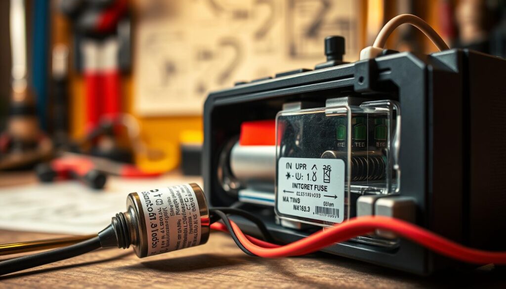 A close-up view of a battery pack, featuring an integrated fuse and current limit switch. The foreground highlights the detailed components, showcasing the fuse clearly labeled with technical specifications, surrounded by insulated wiring. In the middle ground, the battery pack is housed in a robust casing, with transparent sections revealing the internal circuitry. The background is softly blurred, suggesting a workshop environment with tools and electrical diagrams. The image is illuminated by soft, warm lighting that creates an inviting atmosphere and accentuates the textures of the materials. The angle is slightly elevated, providing a comprehensive perspective while keeping the focus on the battery pack as a safe, functional element for model train enthusiasts.