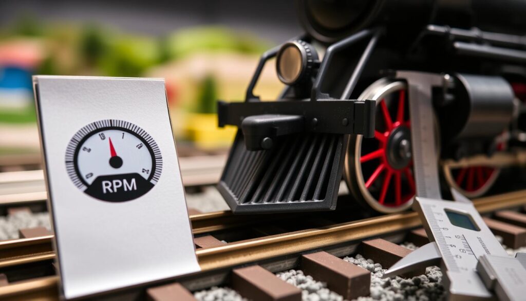 A close-up view of a model railroad setup featuring a miniature locomotive on the tracks, showcasing two distinct rpm measurement techniques. In the foreground, a detailed paper tachometer and a smartphone app interface displaying real-time rpm readings next to the locomotive's wheel. The middle ground reveals the shiny metal wheels of the train, accurately measuring the vibrant wheel diameter with a caliper. In the background, blurred model scenery enhances the focus on the testing equipment. Soft, diffused daylight illuminates the scene, casting gentle highlights on the reflective surfaces, creating a professional and informative atmosphere. The angle is slightly elevated to capture both the measurements and the intricacies of the model train.
