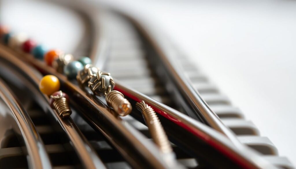 A close-up view of ferrite beads for noise suppression, prominently displayed on neatly twisted pairs of model railroad wiring. The ferrite beads should appear in various colors and sizes, highlighting their role in electromagnetic interference (EMI) suppression. The foreground includes crisp details of the beads, showcasing their texture and design. In the middle ground, the twisted wiring emerges, demonstrating a tidy arrangement, while ensuring the background is softly blurred to draw attention to the components. The lighting is bright and even, mimicking natural illumination, with subtle reflections enhancing the beads' surfaces. The overall mood conveys a sense of precision and technical expertise, suitable for model railroad enthusiasts and hobbyists.
