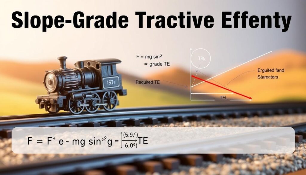 A detailed and technical illustration of a slope grade tractive effort calculation for model trains. In the foreground, showcase a model train on an inclined track, displaying clear gear mechanisms and wheel diameters emphasizing torque dynamics. In the middle ground, include a schematic diagram calculating the components using the formulas F = mg sinθ and required TE, with distinct visual cues to highlight each element. The background features a gradient landscape depicting different grade angles, enhancing the theme of incline. Soft, focused lighting highlights the train and calculations, with a slightly blurred background to emphasize depth. The mood is analytical and educational, creating an inviting atmosphere for enthusiasts and engineers alike.