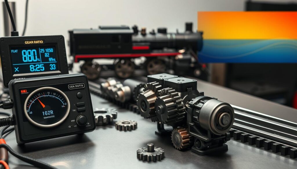 A detailed gear ratio performance testing setup on a workbench, showcasing various gears and motors disassembled for analysis. In the foreground, focus on a high-precision tachometer and a digital readout device displaying acceleration metrics. The middle ground features a sleek model locomotive with swappable gears, including a close-up view of the motor and gear assembly, arranged on a testing track. The background shows a gradient color scale, depicting a flat surface and a gentle 2% grade slope to represent different testing conditions. Soft, focused lighting highlights key components, creating an atmosphere of meticulous engineering investigation. The composition captures a professional workspace, conveying a sense of advanced technology and precision in experimental design, without any people or text.