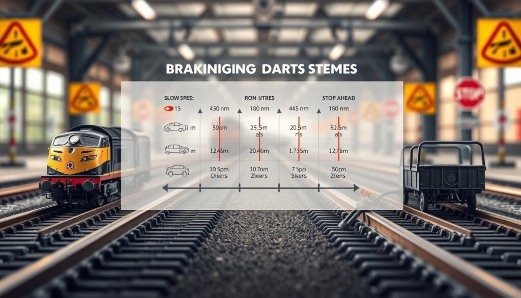 A detailed illustration comparing braking distances for different modes of transportation, focusing on model trains and carts. In the foreground, display a model train and a small cart on parallel tracks, both showing visible tire marks indicating stopping distances. In the middle ground, include a large, semi-transparent overlay that features a detailed infographic showcasing various braking distances measured in meters, with arrows pointing to each mode of transportation. The background should depict a railway setting with safety signage, such as "Slow Speed" and "Stop Ahead," emphasizing the importance of safe following distances. Use soft, diffused lighting to create a clear, educational atmosphere, with a slight upward angle to emphasize the height of the infographic. A detailed illustration comparing braking distances for different modes of transportation, focusing on model trains and carts. In the foreground, display a model train and a small cart on parallel tracks, both showing visible tire marks indicating stopping distances. In the middle ground, include a large, semi-transparent overlay that features a detailed infographic showcasing various braking distances measured in meters, with arrows pointing to each mode of transportation. The background should depict a railway setting with safety signage, such as "Slow Speed" and "Stop Ahead," emphasizing the importance of safe following distances. Use soft, diffused lighting to create a clear, educational atmosphere, with a slight upward angle to emphasize the height of the infographic.
