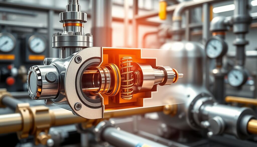 A detailed illustration of a safety valve pressure relief mechanism, showcasing its intricate components and functioning in an industrial setting. In the foreground, highlight the valve itself with clear, defined metallic surfaces reflecting light, showcasing precision engineering. The middle ground features a cross-section view of the valve, revealing the internal springs and diaphragm mechanism that demonstrate how pressure is released. In the background, depict a steam system with visible pipes and gauges, emphasizing the context of steam pressure. Use bright, diffused lighting to create a clear and informative atmosphere, shot from a slightly elevated angle to enhance the three-dimensional depth of the components. The mood should be technical and educational, ideal for conveying the workings and importance of safety valves.