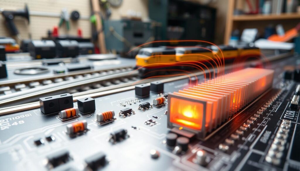 A detailed illustration of heat dissipation in model train circuits, emphasizing thermal management. In the foreground, a close-up of a circuit board featuring resistors and transistors, with a focus on a heat sink designed for optimal thermal performance. The middle ground showcases a working model train track, with miniature trains in motion, while heat waves are subtly depicted above the components. The background includes a soft-focus depiction of a workshop with tools and equipment. Bright, even lighting highlights the circuit board, creating a technical atmosphere, with a slight angle to capture depth. The mood is informative and precise, ideal for a technical article.
