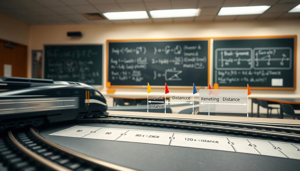 A dynamic science demonstration scene illustrating the quadratic law of motion, specifically the relationship between kinetic energy and stopping distance. In the foreground, a model train, sleek and detailed, is seen racing along a curved track, with motion blur to depict speed. In the middle ground, a marked track shows varying stopping distances, indicated by clearly labeled distance lines and colorful flags. Graphical overlays in semi-transparent style represent kinetic energy, emphasizing the quadratic relationship. In the background, a classroom setting with a chalkboard displaying relevant formulas and diagrams, illuminated by soft, overhead fluorescent lighting to create a focused but inviting atmosphere. The whole scene is captured from a slightly elevated angle, enhancing the depth and clarity of the demonstration, while maintaining a professional tone suitable for educational content. A dynamic science demonstration scene illustrating the quadratic law of motion, specifically the relationship between kinetic energy and stopping distance. In the foreground, a model train, sleek and detailed, is seen racing along a curved track, with motion blur to depict speed. In the middle ground, a marked track shows varying stopping distances, indicated by clearly labeled distance lines and colorful flags. Graphical overlays in semi-transparent style represent kinetic energy, emphasizing the quadratic relationship. In the background, a classroom setting with a chalkboard displaying relevant formulas and diagrams, illuminated by soft, overhead fluorescent lighting to create a focused but inviting atmosphere. The whole scene is captured from a slightly elevated angle, enhancing the depth and clarity of the demonstration, while maintaining a professional tone suitable for educational content.