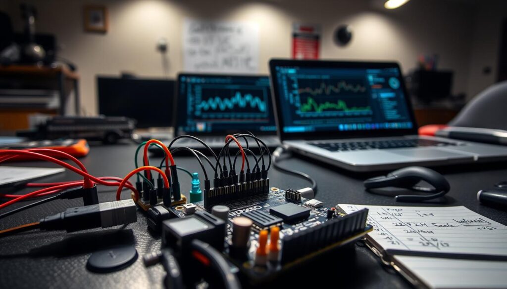 A dynamic workspace featuring an Arduino setup for processing sensor data to calculate RPM. In the foreground, a close-up of an Arduino Uno board connected to various sensors, including a temperature sensor and a pressure sensor, all featuring colorful wiring. In the middle background, a laptop displays graphs and data readouts, with an analytical look. The workspace is well-lit with focused overhead lighting, casting soft shadows that enhance the technical ambiance. On a nearby table, there's a notepad with calculations and sketches related to RPM estimation. The overall mood is one of innovation and experimentation, illustrating a focused environment where students engage with technology in a practical learning scenario.