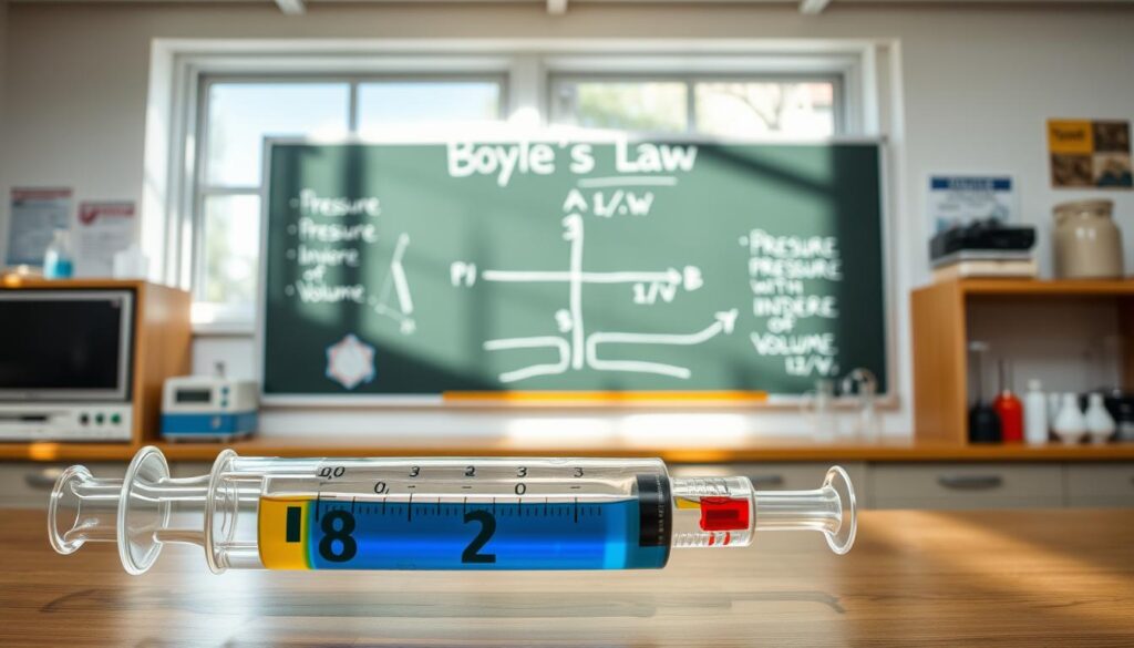 A laboratory scene depicting a demonstration of Boyle's Law using a syringe. In the foreground, a clear plastic syringe is shown being compressed, with an emphasis on the changing volume as the plunger is pushed in. The syringe is filled with colored liquid to illustrate the pressure change visually. In the middle, a chalkboard displays a graph plotting pressure (P) against the inverse of volume (1/V), with labeled axes. The background features neatly arranged laboratory equipment and scientific posters. The atmosphere is bright and focused, with natural lighting from a window casting soft shadows. The overall mood is educational and engaging, perfect for illustrating scientific concepts.