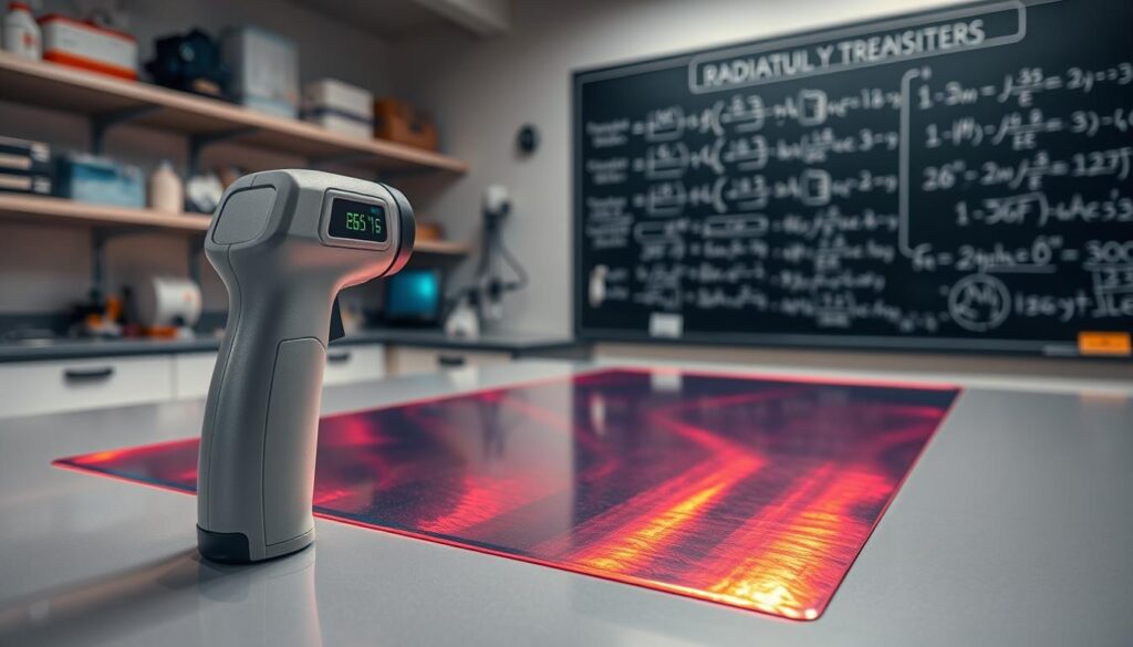 A laboratory setting showcasing a radiation heat transfer demonstration, focusing on a bright, shiny emissivity foil and a matte infrared thermometer. In the foreground, the matte IR thermometer is positioned for measurement, reflecting its surface against the bright foil. In the middle ground, the foil gleams under soft, focused lighting that highlights its surface texture and temperature variations, creating a captivating contrast. In the background, shelves lined with scientific instruments and equipment provide context, while a chalkboard features detailed equations related to thermal radiation. The atmosphere is one of scientific inquiry, with a modern, sleek design evoking professionalism and curiosity. The image is captured with a wide-angle lens to encompass the entire scene, delivering clarity and focus.